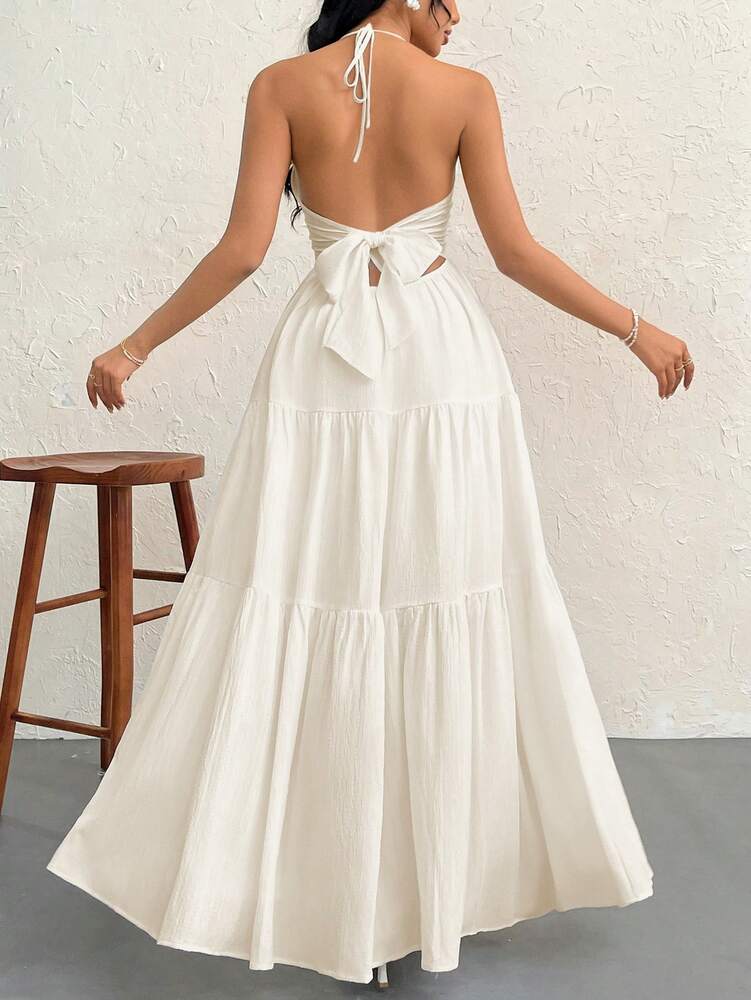 Women's Romantic Floral Print Halter V Neck Pleated A Line Dress Backless Summer Outfit Hawaii Beach Vacation Wedding Guest Sundress