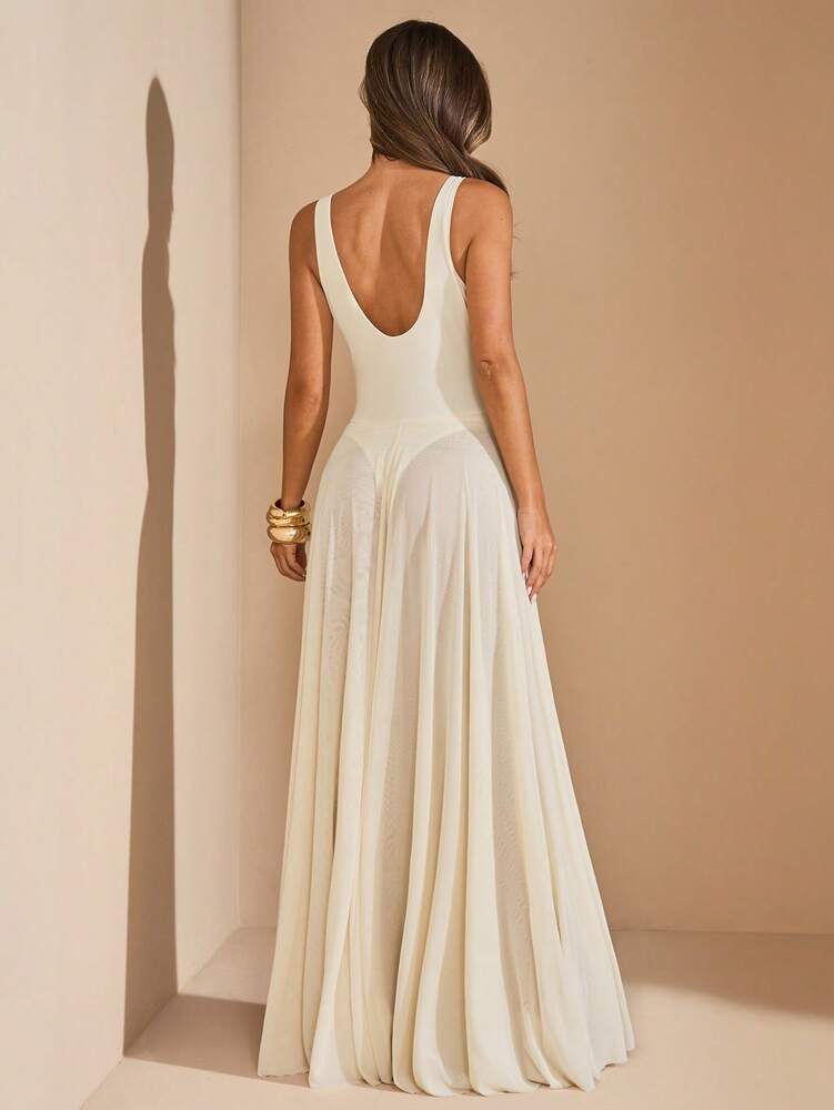 Women's Beige Sleeveless Long Dress With Flowy Mesh Skirt Sheer Elegant Beach Holiday Outfit Summer Vacation Party Fashion Sundress