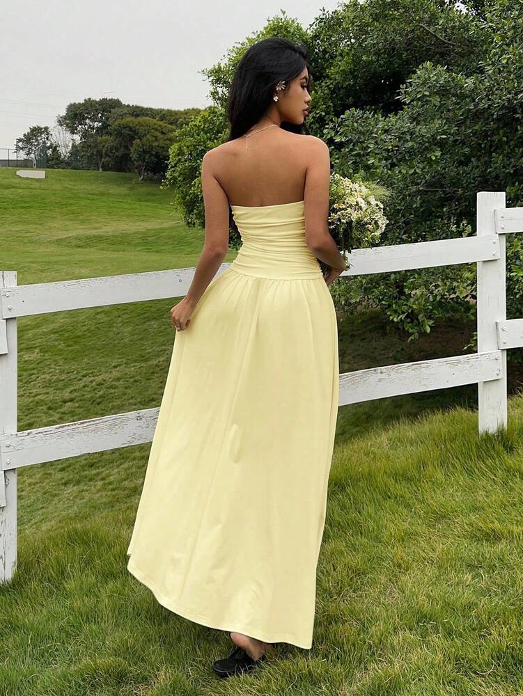 Women's Casual Long Dress Beige Butter Yellow Elegant Summer Outfit Vacation Sundress Chic Fashion Clothing Daily Wear For Women