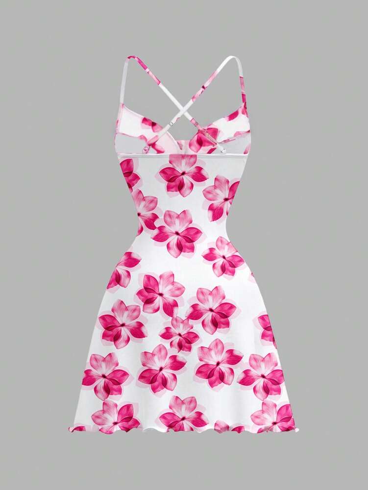 Women's Casual Floral Print Knitted Mini Dress With Crisscross Spaghetti Straps Lettuce Trim Elegant Vacation Party Outfit Chic Wear
