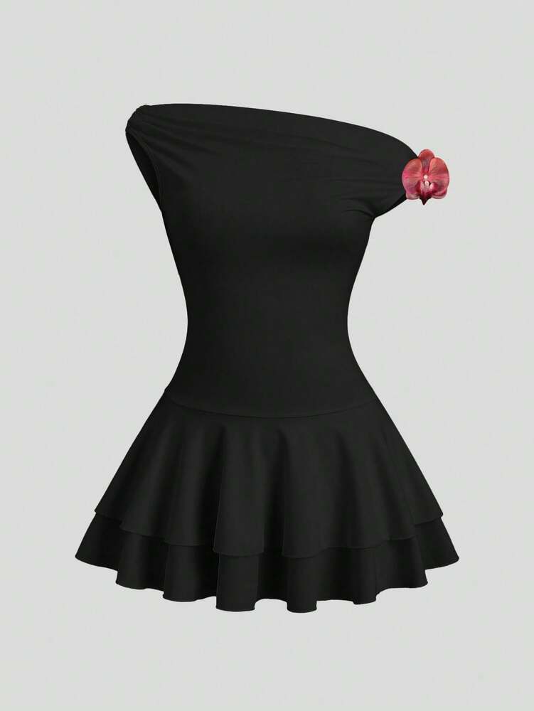 Women's Asymmetric Shoulder Wrap Dress With Floral Print Ruffle Hem Elegant Cake Mini Dress Sexy Casual Romantic Summer Fashion Wear