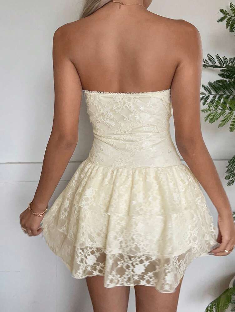Women's Butter Yellow Strapless Ruched Tube Mini Dress Tiered Lace Ruffle Hem Y2K Backless A Line Short Dress Summer Vacation Outfit
