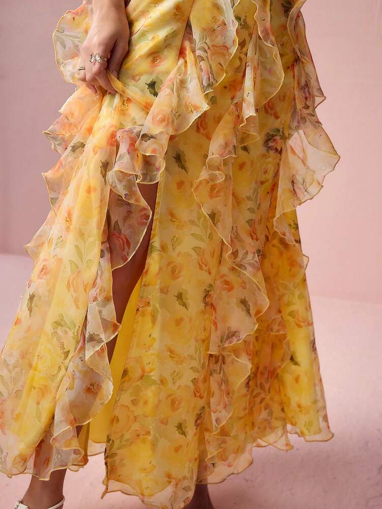Women's Yellow Floral Organza Slit Dress Spaghetti Strap Elegant Romantic Summer Outfit Vacation Wedding Guest Sweet Date Sundress