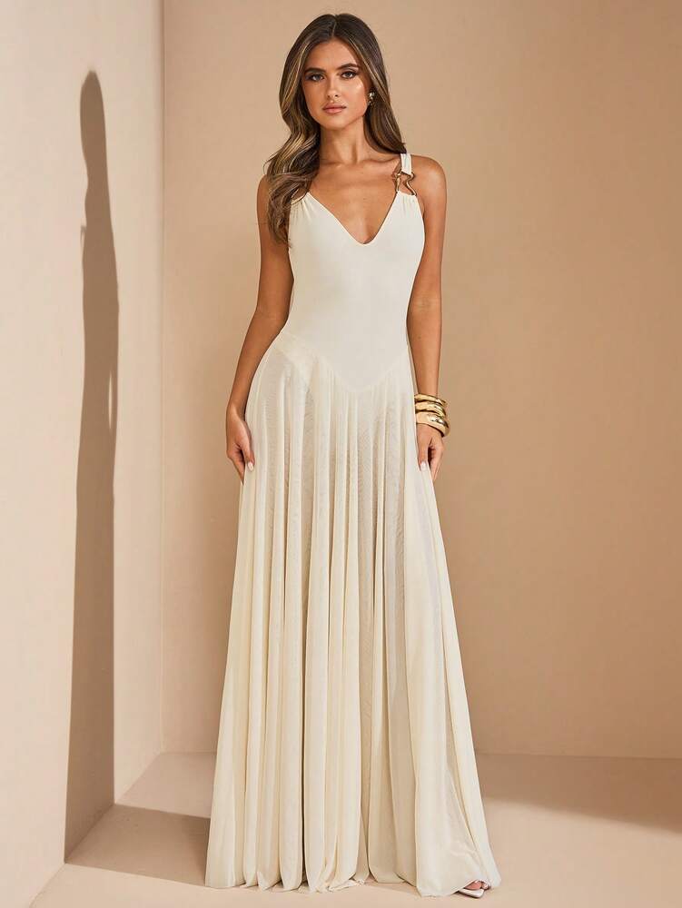Women's Beige Sleeveless Long Dress With Flowy Mesh Skirt Sheer Elegant Beach Holiday Outfit Summer Vacation Party Fashion Sundress