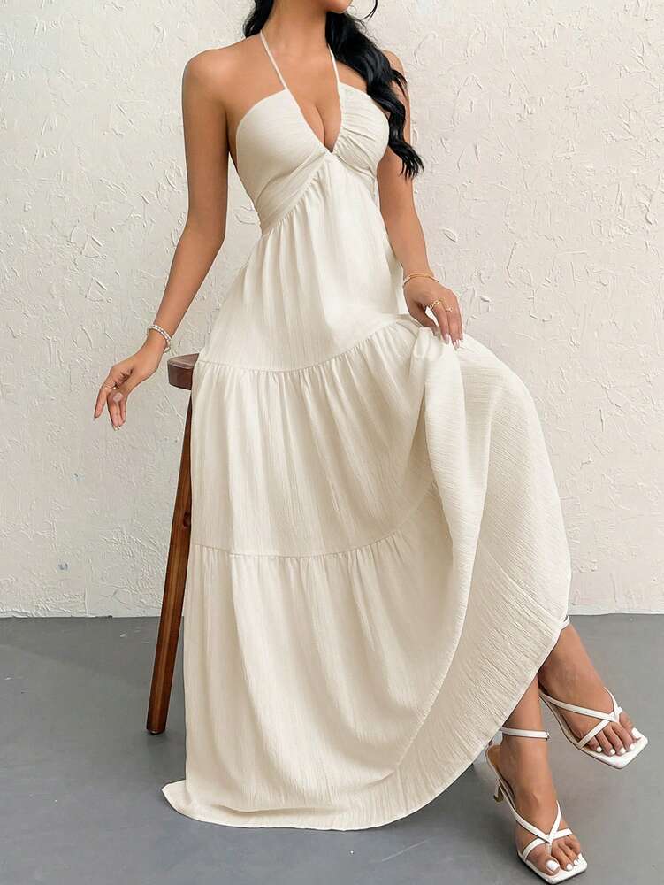 Women's Romantic Floral Print Halter V Neck Pleated A Line Dress Backless Summer Outfit Hawaii Beach Vacation Wedding Guest Sundress