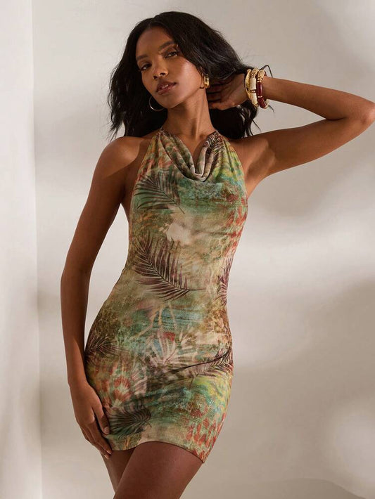 Women's Knitted Halter Neck Mini Dress Bodycon Fit Elegant Vacation Outfit Casual Concert Club Party Date Night Summer Beachwear Wear