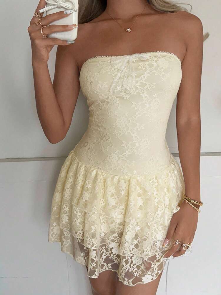 Women's Butter Yellow Strapless Ruched Tube Mini Dress Tiered Lace Ruffle Hem Y2K Backless A Line Short Dress Summer Vacation Outfit