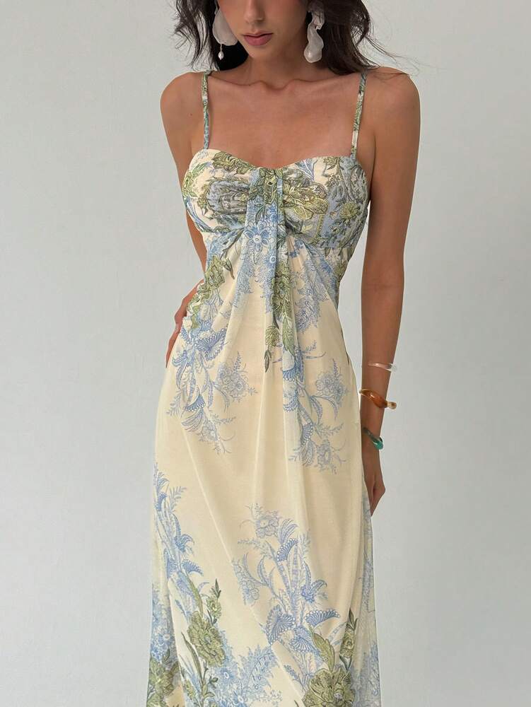 Women's Floral Print Spaghetti Strap Maxi Dress Apricot Color Elegant Summer Outfit Vacation Beach Sundress Graduation Teacher Outfit