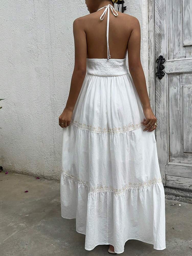 Women's White Woven Halter Neck Dress Casual Country Concert Outfit Elegant Summer Vacation Sundress Romantic Chic Fashion Clothing