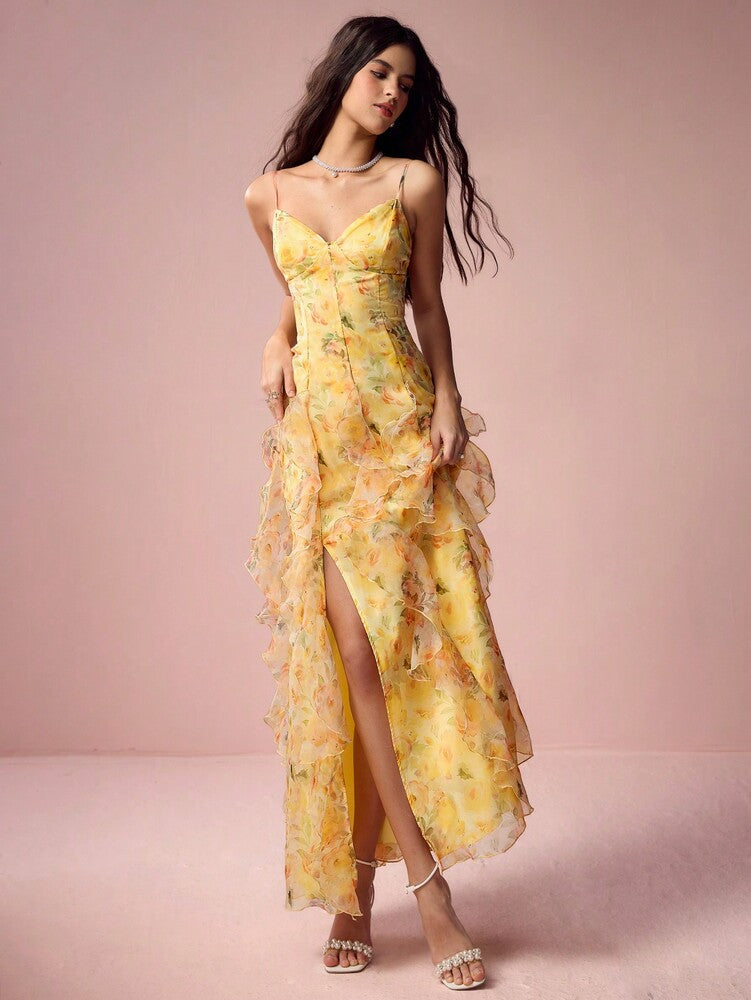 Women's Yellow Floral Organza Slit Dress Spaghetti Strap Elegant Romantic Summer Outfit Vacation Wedding Guest Sweet Date Sundress