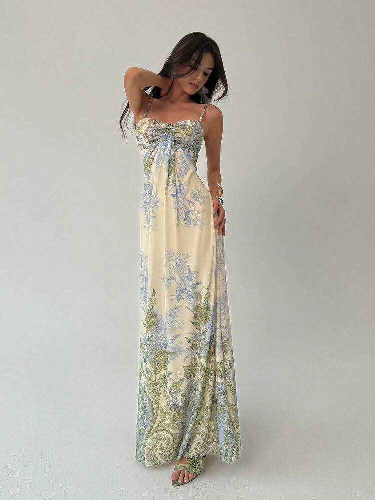 Women's Floral Print Spaghetti Strap Maxi Dress Apricot Color Elegant Summer Outfit Vacation Beach Sundress Graduation Teacher Outfit