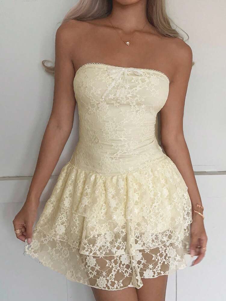 Women's Butter Yellow Strapless Ruched Tube Mini Dress Tiered Lace Ruffle Hem Y2K Backless A Line Short Dress Summer Vacation Outfit