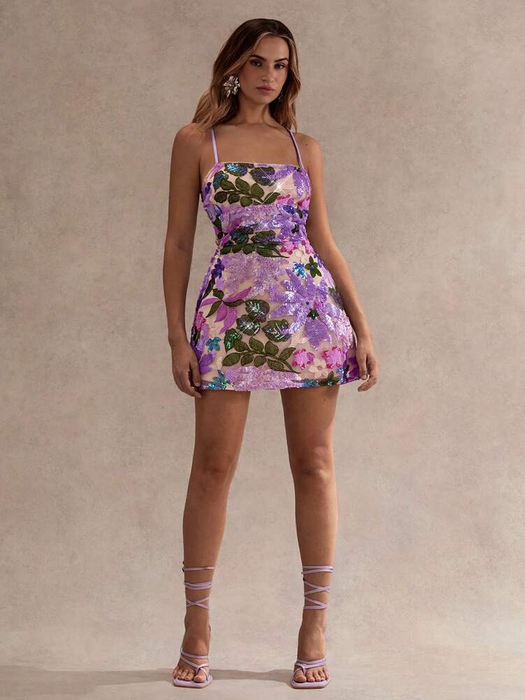 Women's Sequin Embroidered Backless Mini Dress Purple Floral Tie Strap Romantic Summer Party Outfit Wedding Guest Vacation Sundress