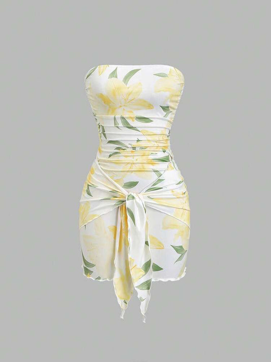 Women's Knit Floral Print Wrap Tie Crop Top And Bodycon Skirt Dress Elegant Romantic Outfit Casual Fashion Spring Summer Autumn Wear