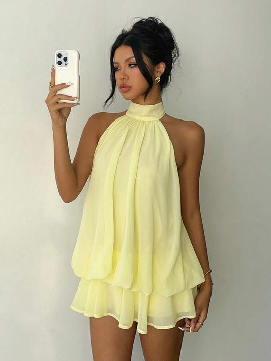 Women's Chiffon Butter Yellow Halter Tie Mini Dress Elegant Summer Outfit Wedding Guest Vacation Party Date Night Honeymoon Clothing