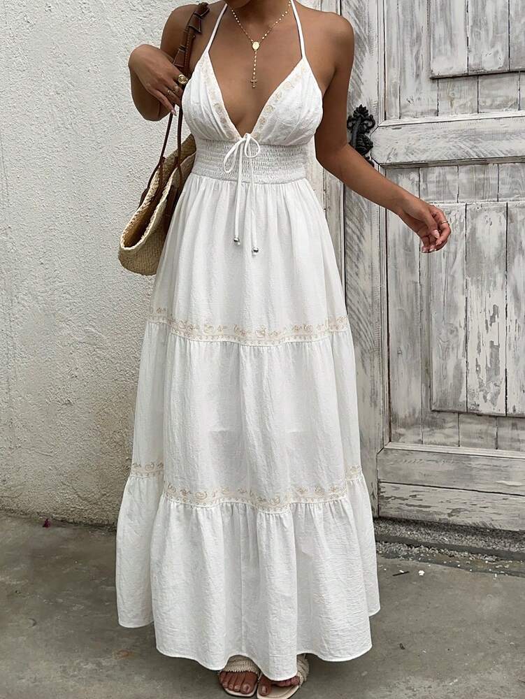 Women's White Woven Halter Neck Dress Casual Country Concert Outfit Elegant Summer Vacation Sundress Romantic Chic Fashion Clothing
