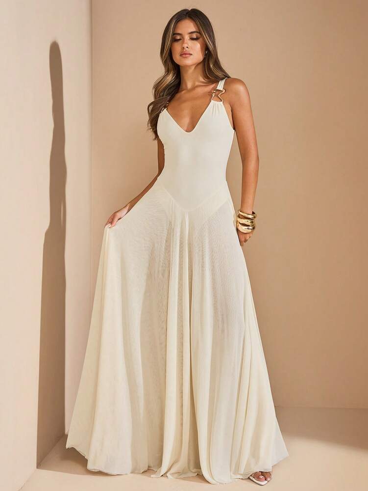 Women's Beige Sleeveless Long Dress With Flowy Mesh Skirt Sheer Elegant Beach Holiday Outfit Summer Vacation Party Fashion Sundress