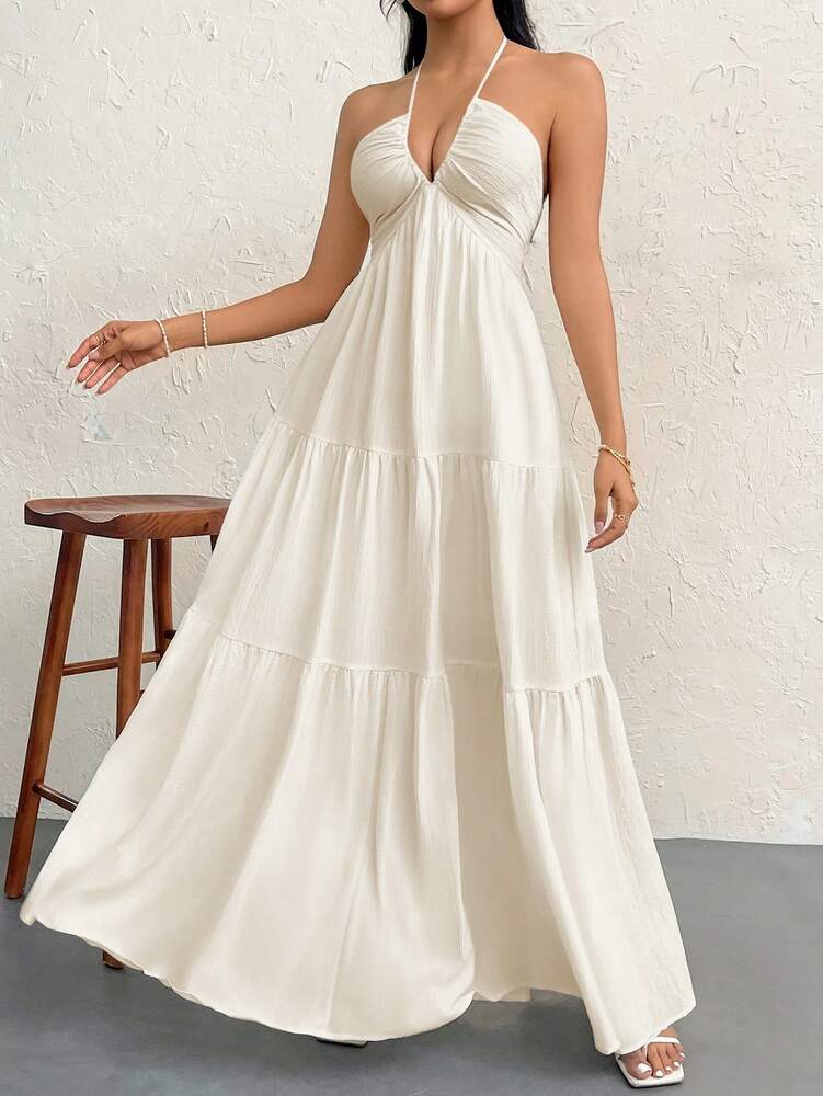 Women's Romantic Floral Print Halter V Neck Pleated A Line Dress Backless Summer Outfit Hawaii Beach Vacation Wedding Guest Sundress