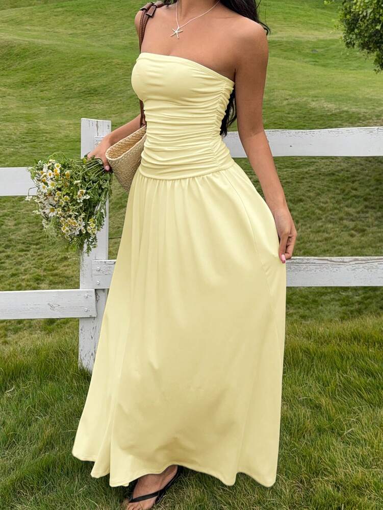 Women's Casual Long Dress Beige Butter Yellow Elegant Summer Outfit Vacation Sundress Chic Fashion Clothing Daily Wear For Women