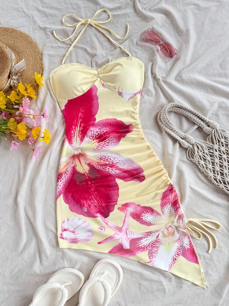 Women's Floral Halter Neck Smocked Waist Casual Beach Dress Elegant Summer Outfit Vacation Sundress Fashion Clothing For Women Chic