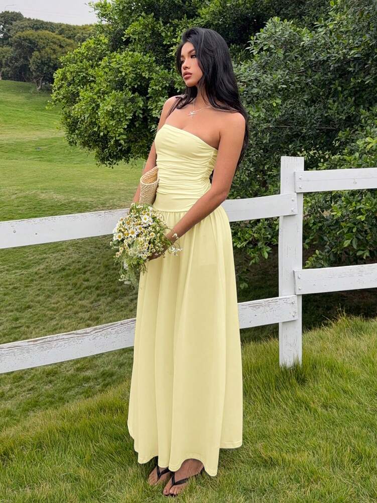 Women's Casual Long Dress Beige Butter Yellow Elegant Summer Outfit Vacation Sundress Chic Fashion Clothing Daily Wear For Women