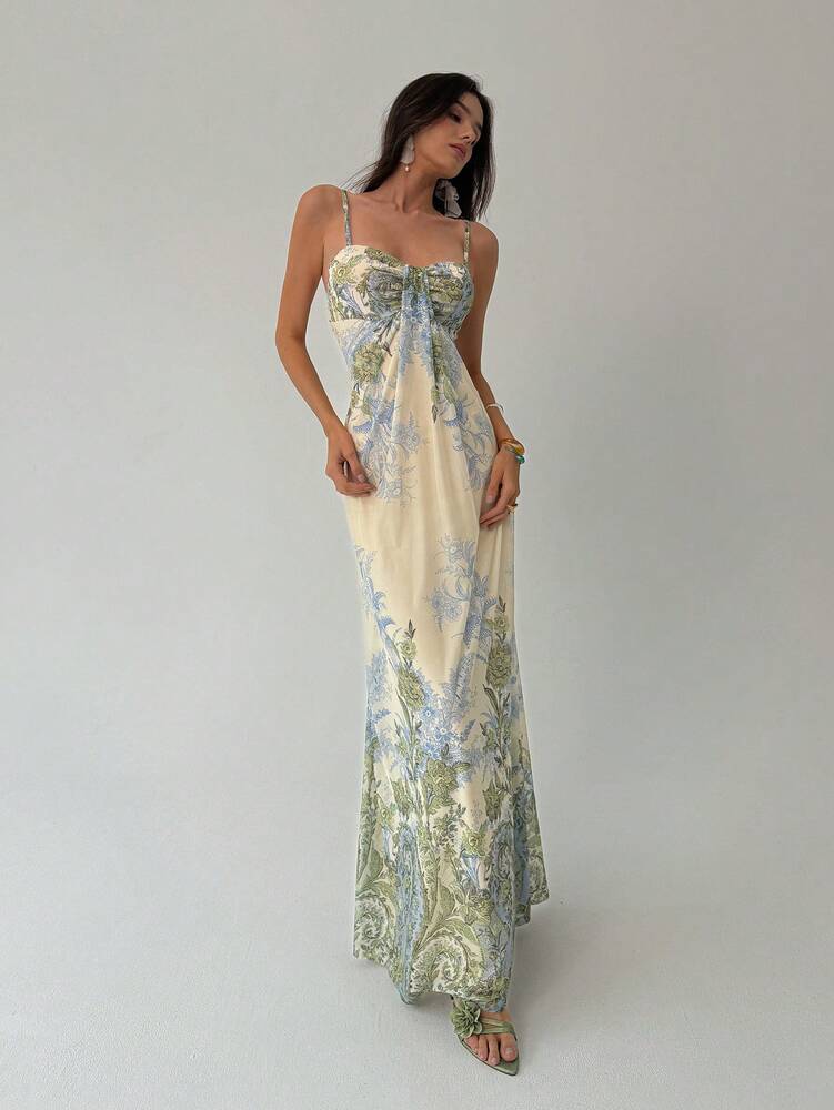 Women's Floral Print Spaghetti Strap Maxi Dress Apricot Color Elegant Summer Outfit Vacation Beach Sundress Graduation Teacher Outfit