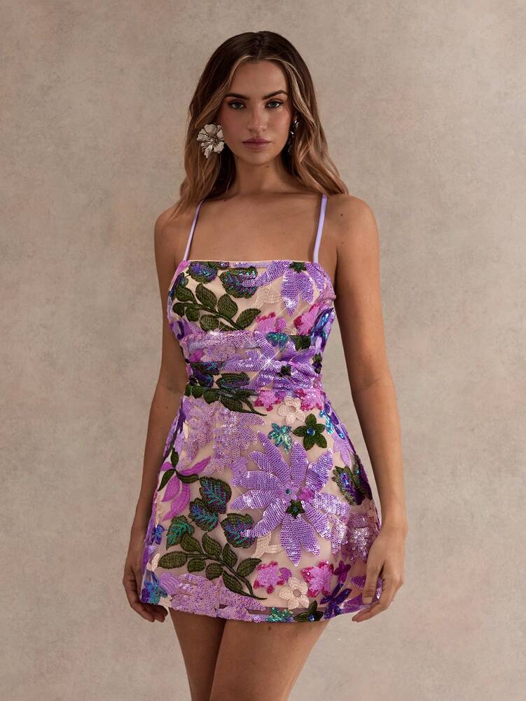 Women's Sequin Embroidered Backless Mini Dress Purple Floral Tie Strap Romantic Summer Party Outfit Wedding Guest Vacation Sundress