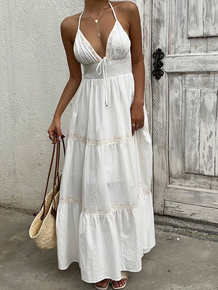 Women's White Woven Halter Neck Dress Casual Country Concert Outfit Elegant Summer Vacation Sundress Romantic Chic Fashion Clothing
