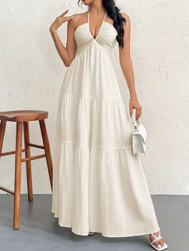 Women's Romantic Floral Print Halter V Neck Pleated A Line Dress Backless Summer Outfit Hawaii Beach Vacation Wedding Guest Sundress