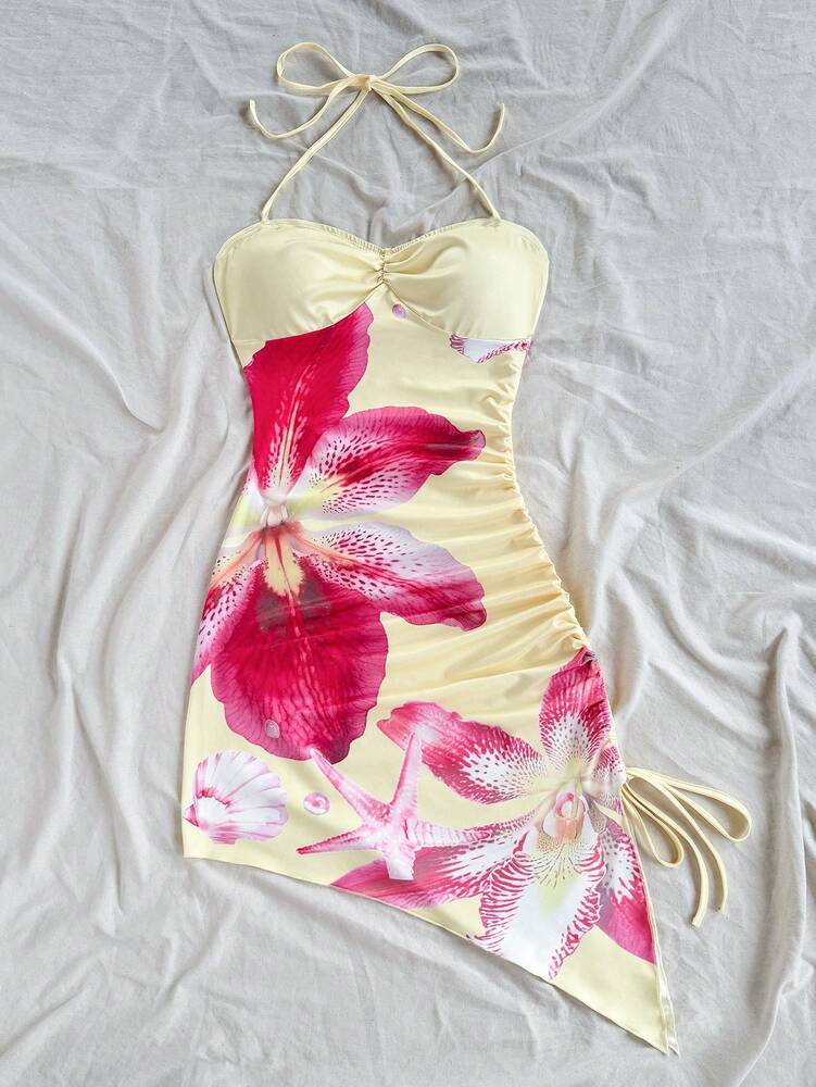 Women's Floral Halter Neck Smocked Waist Casual Beach Dress Elegant Summer Outfit Vacation Sundress Fashion Clothing For Women Chic