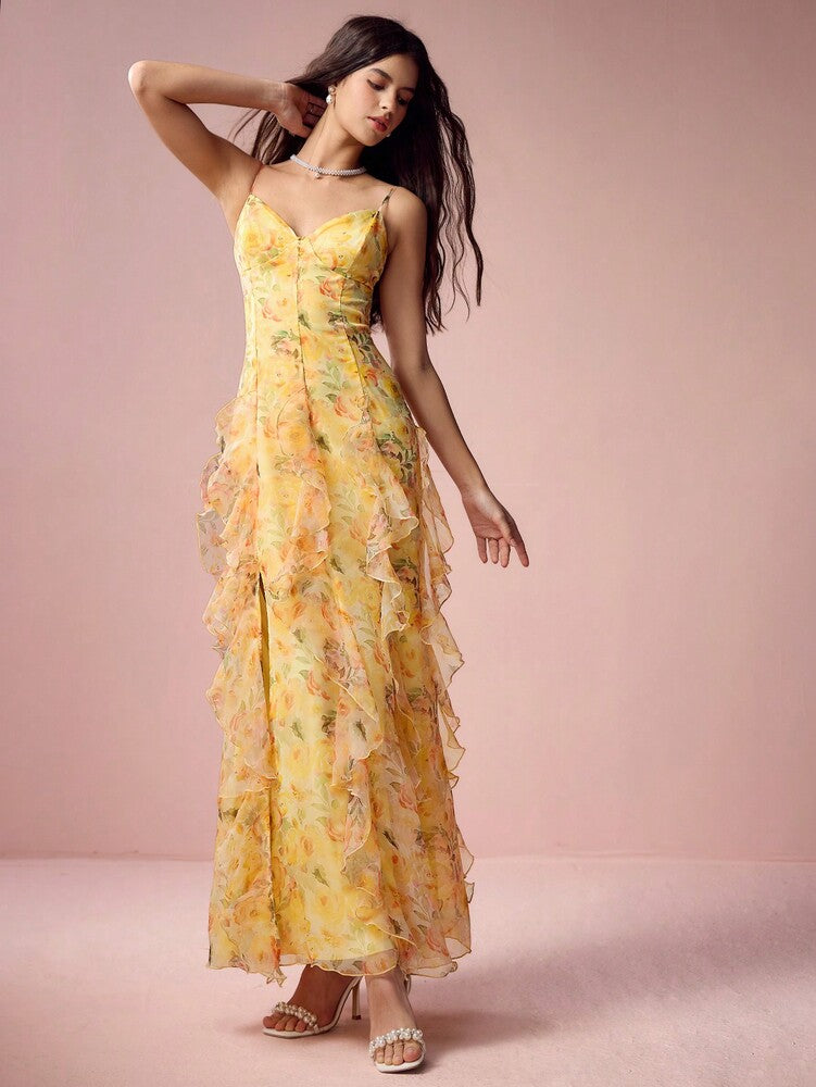Women's Yellow Floral Organza Slit Dress Spaghetti Strap Elegant Romantic Summer Outfit Vacation Wedding Guest Sweet Date Sundress