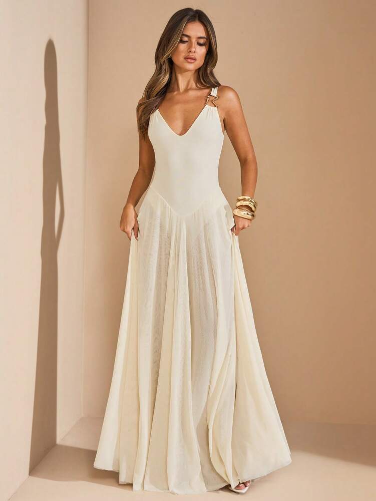 Women's Beige Sleeveless Long Dress With Flowy Mesh Skirt Sheer Elegant Beach Holiday Outfit Summer Vacation Party Fashion Sundress