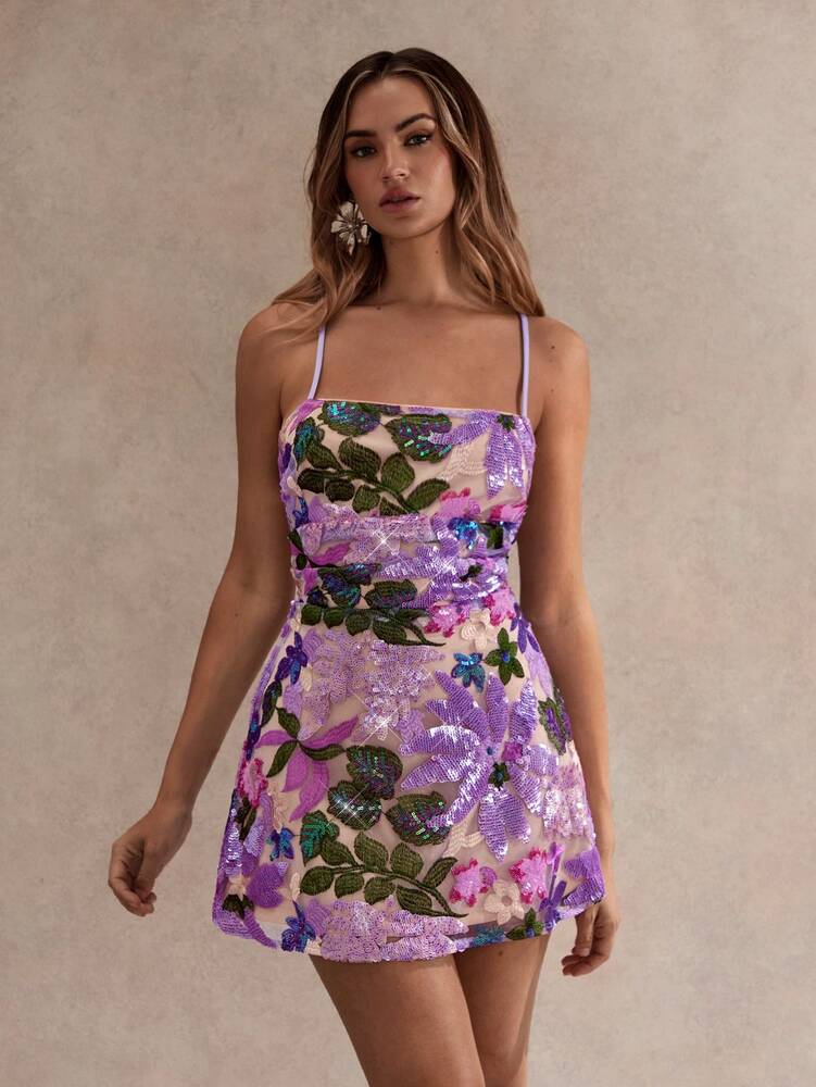 Women's Sequin Embroidered Backless Mini Dress Purple Floral Tie Strap Romantic Summer Party Outfit Wedding Guest Vacation Sundress
