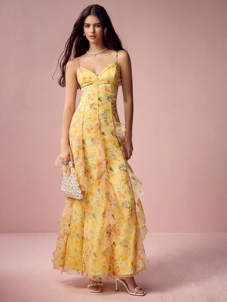 Women's Yellow Floral Organza Slit Dress Spaghetti Strap Elegant Romantic Summer Outfit Vacation Wedding Guest Sweet Date Sundress
