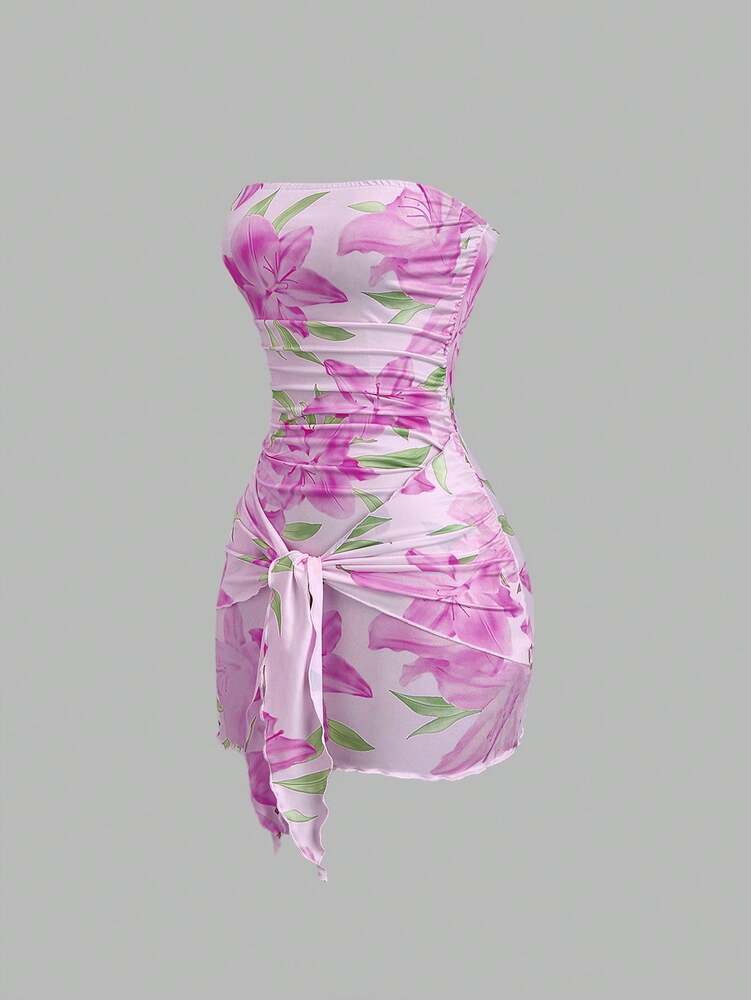 Women's Knit Floral Print Wrap Tie Crop Top And Bodycon Skirt Dress Elegant Romantic Outfit Casual Fashion Spring Summer Autumn Wear