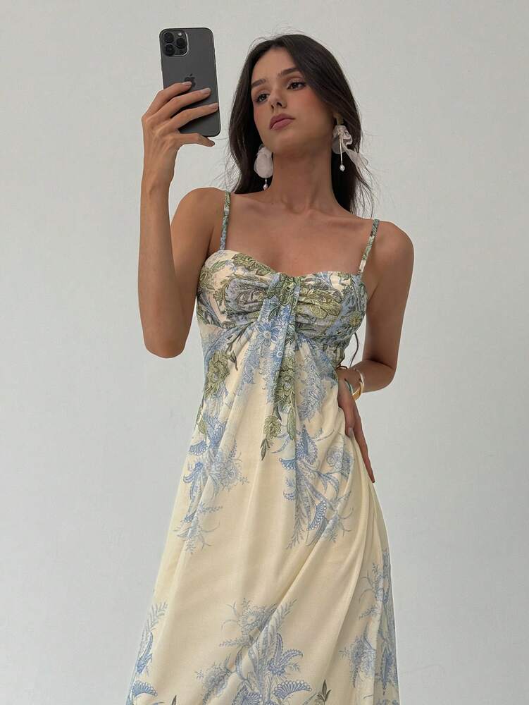 Women's Floral Print Spaghetti Strap Maxi Dress Apricot Color Elegant Summer Outfit Vacation Beach Sundress Graduation Teacher Outfit