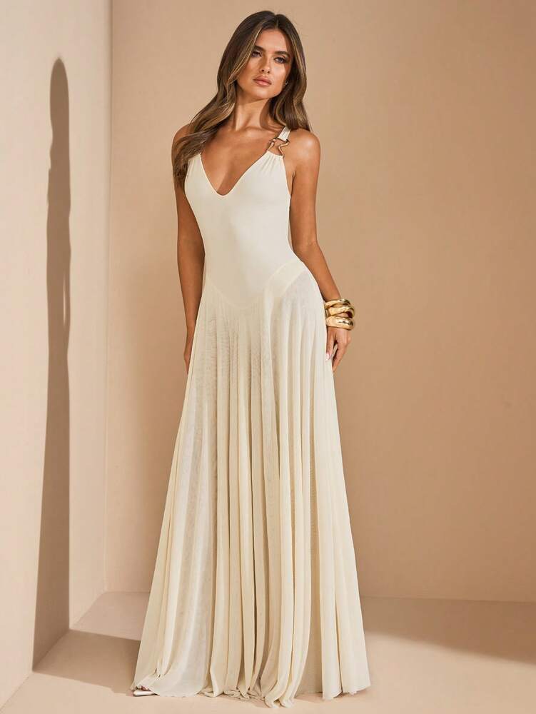 Women's Beige Sleeveless Long Dress With Flowy Mesh Skirt Sheer Elegant Beach Holiday Outfit Summer Vacation Party Fashion Sundress