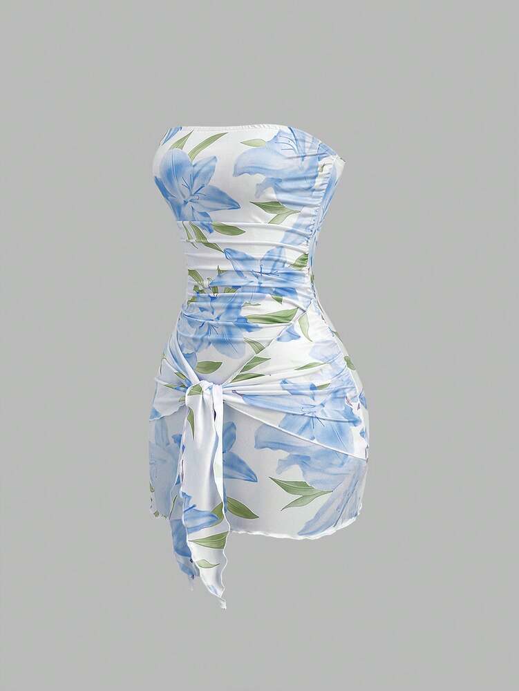 Women's Knit Floral Print Wrap Tie Crop Top And Bodycon Skirt Dress Elegant Romantic Outfit Casual Fashion Spring Summer Autumn Wear