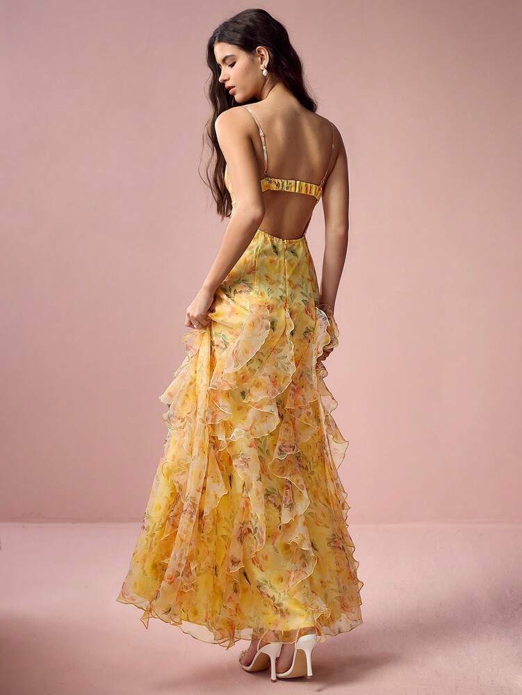 Women's Yellow Floral Organza Slit Dress Spaghetti Strap Elegant Romantic Summer Outfit Vacation Wedding Guest Sweet Date Sundress