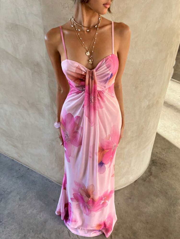 Women's Floral Print Spaghetti Strap Maxi Dress Apricot Color Elegant Summer Outfit Vacation Beach Sundress Graduation Teacher Outfit