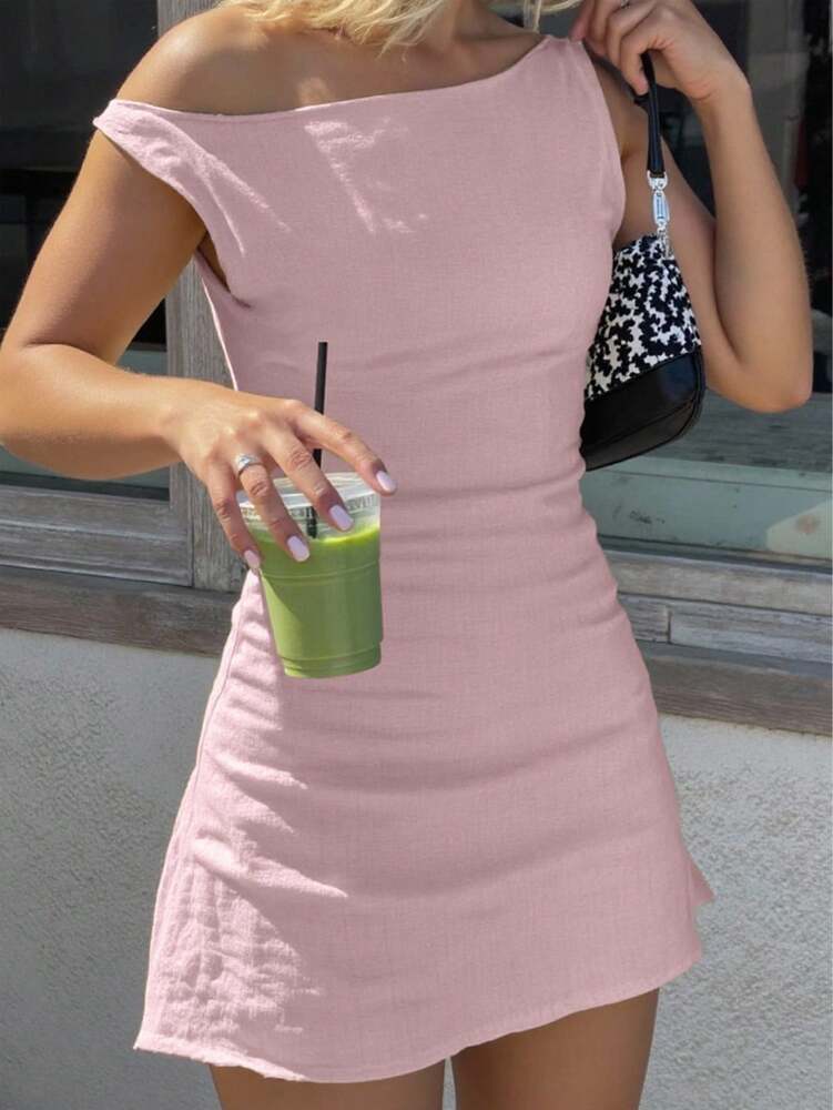 Women's Solid Color Asymmetric Neck Short Dress Elegant Stylish Mini Outfit Summer Vacation Casual Fashion Clothing Romantic Chic Wear