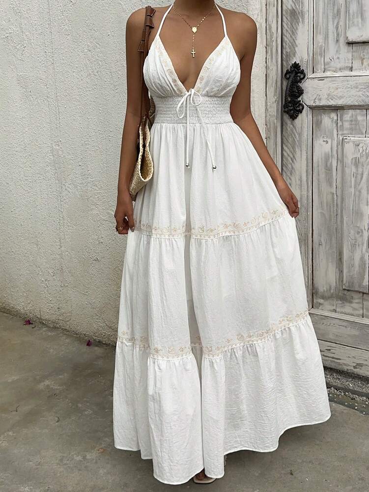 Women's White Woven Halter Neck Dress Casual Country Concert Outfit Elegant Summer Vacation Sundress Romantic Chic Fashion Clothing