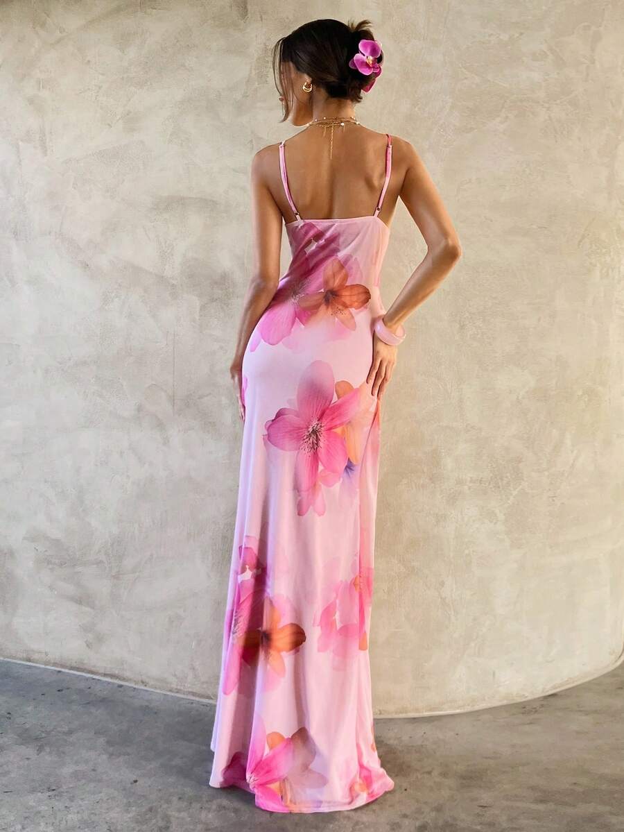 Women's Floral Print Spaghetti Strap Maxi Dress Apricot Color Elegant Summer Outfit Vacation Beach Sundress Graduation Teacher Outfit