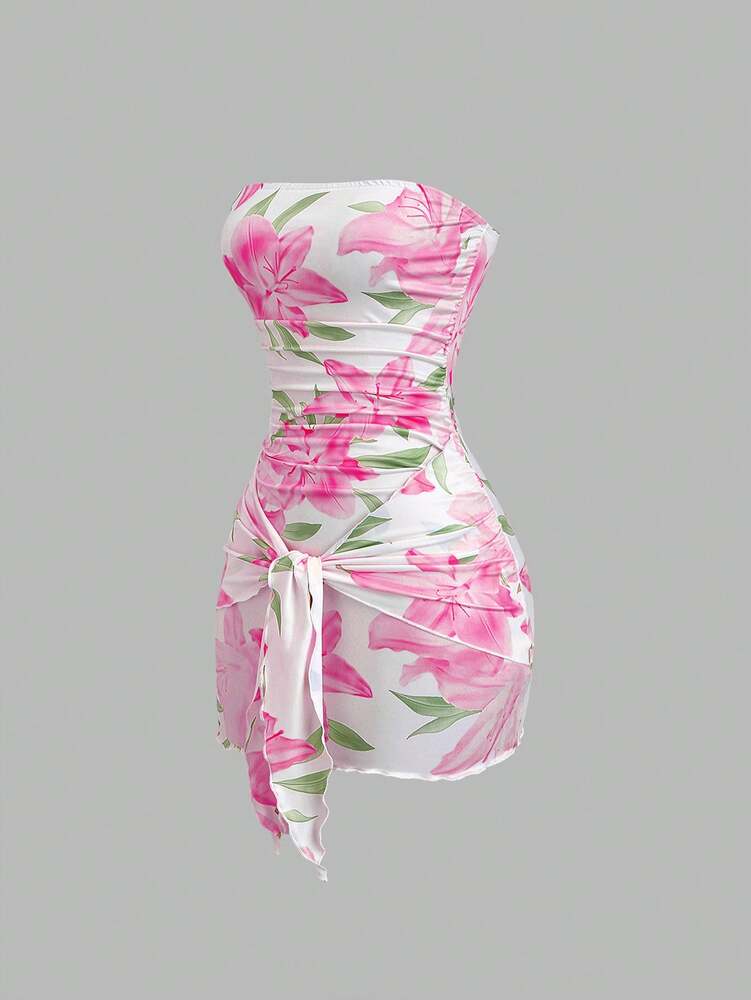Women's Knit Floral Print Wrap Tie Crop Top And Bodycon Skirt Dress Elegant Romantic Outfit Casual Fashion Spring Summer Autumn Wear