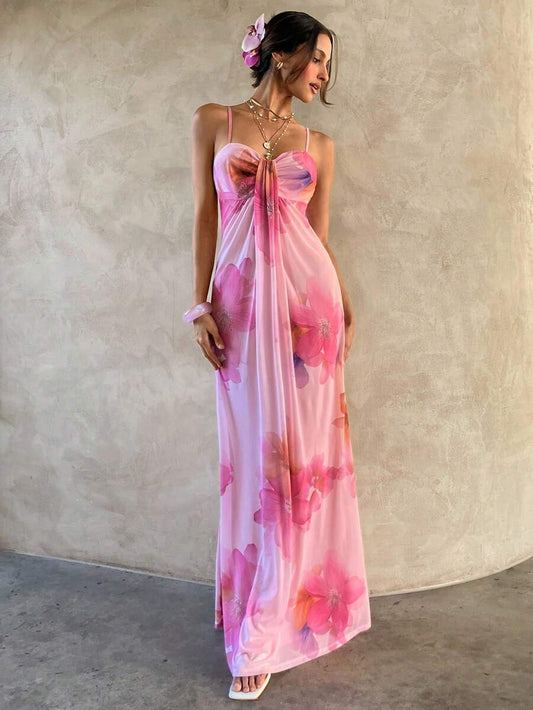 Women's Floral Print Spaghetti Strap Maxi Dress Apricot Color Elegant Summer Outfit Vacation Beach Sundress Graduation Teacher Outfit