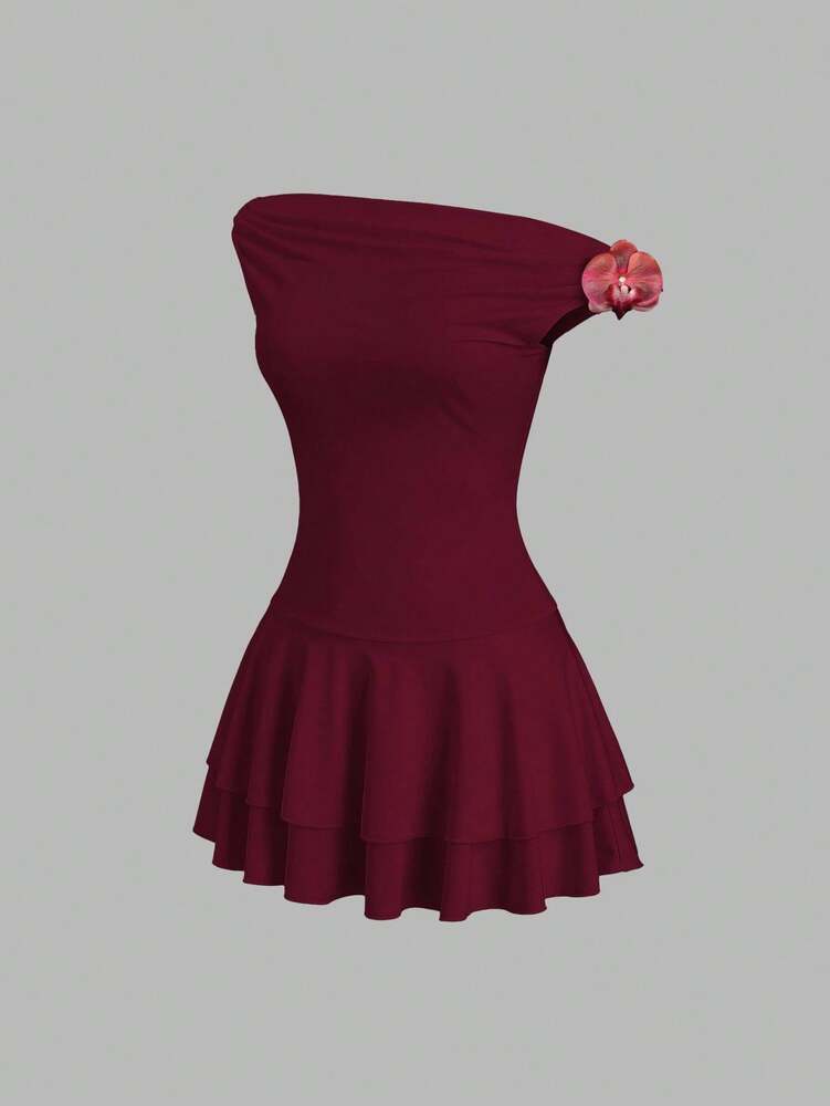 Women's Asymmetric Shoulder Wrap Dress With Floral Print Ruffle Hem Elegant Cake Mini Dress Sexy Casual Romantic Summer Fashion Wear