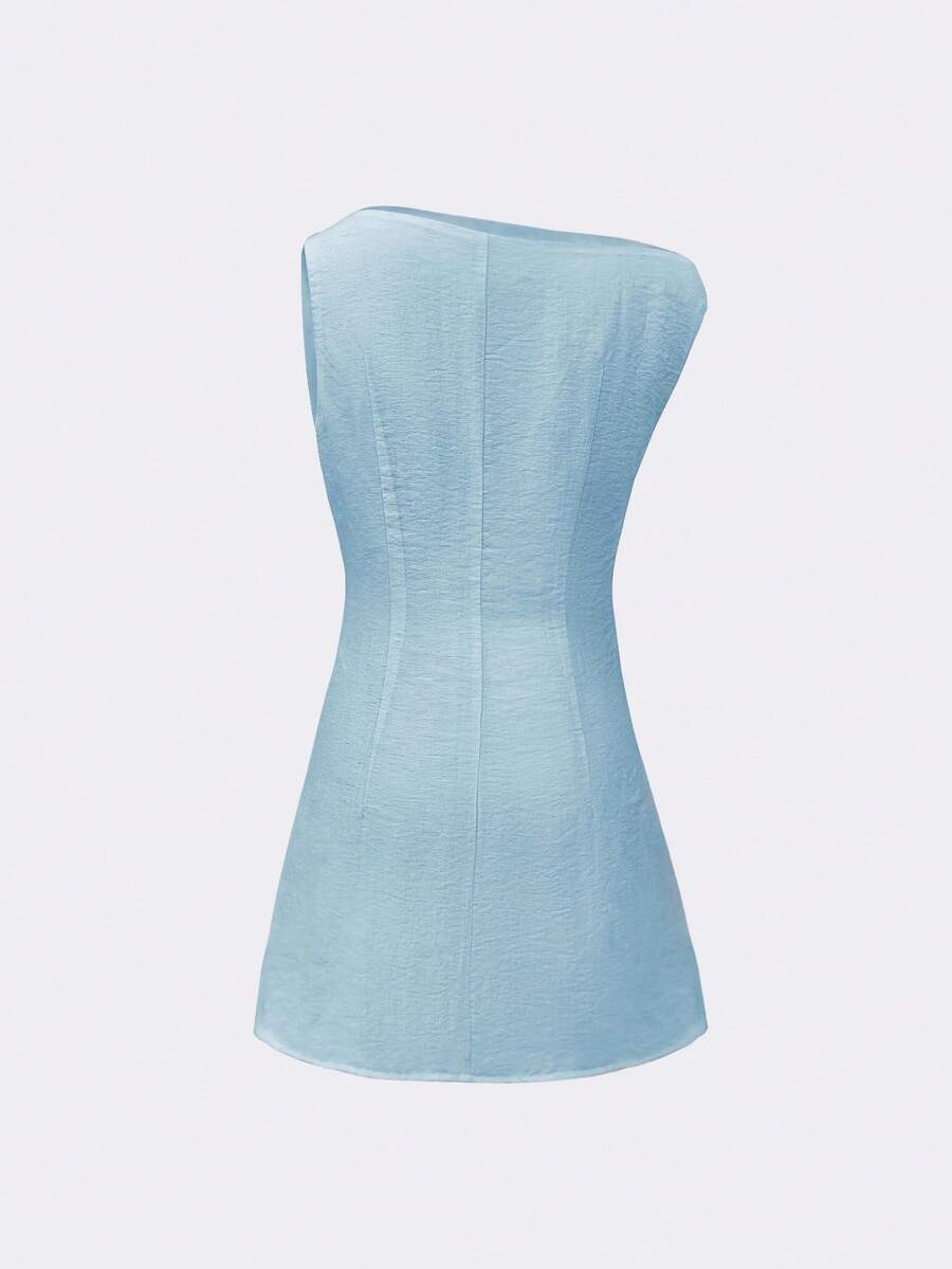 Women's Solid Color Asymmetric Neck Short Dress Elegant Stylish Mini Outfit Summer Vacation Casual Fashion Clothing Romantic Chic Wear